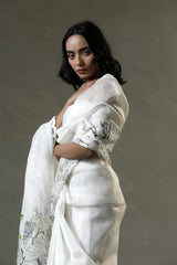 Snow White Organza Silk Saree with Floral Prints And Scalloped Border