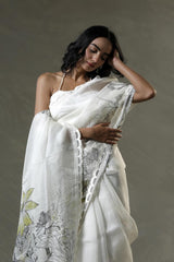 Snow White Organza Silk Saree with Floral Prints And Scalloped Border