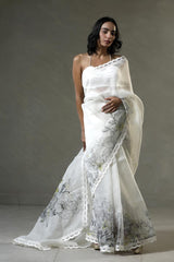 Snow White Organza Silk Saree with Floral Prints And Scalloped Border