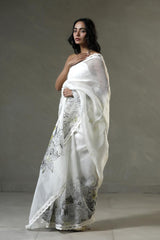 Snow White Organza Silk Saree with Floral Prints And Scalloped Border