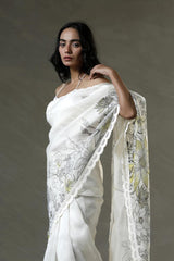 Snow White Organza Silk Saree with Floral Prints And Scalloped Border