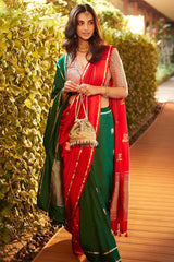 This Meenakshi Chaudhary Red Banarasi Silk Saree is a wedding saree and festive wear saree. Free Shipping Available!
