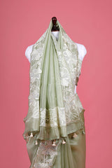 Sage Green Floral Embroidered Organza Silk Sare