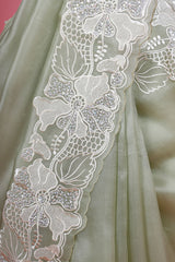 Sage Green Floral Embroidered Organza Silk Sare