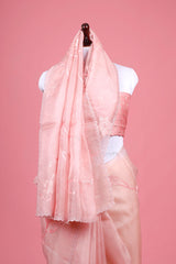 Baby Pink Applique Organza Silk Saree