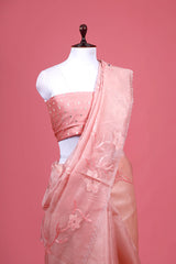 Baby Pink Applique Organza Silk Saree