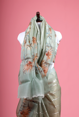 Sage Green Floral Printed Organza Silk Saree