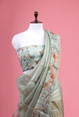 Sage Green Floral Printed Organza Silk Saree
