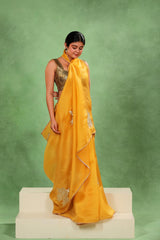 Yellow Organza Silk Saree with Gota Patti Floral Work