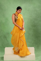 Yellow Organza Silk Saree with Gota Patti Floral Work