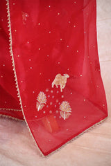 Red Organza Silk Saree with Pitta Zari Cow Motifs