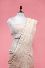 Off White Floral Applique Chiniya Silk Saree