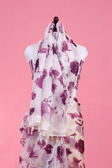 White & Purple Floral Embellished Organza Silk Saree