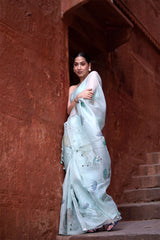 Light Blue Pichwai Embellished Organza Silk Saree