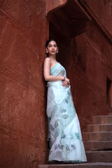 Light Blue Pichwai Embellished Organza Silk Saree