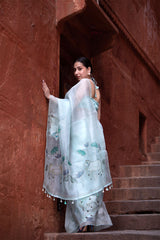 Light Blue Pichwai Embellished Organza Silk Saree