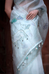 Light Blue Pichwai Embellished Organza Silk Saree