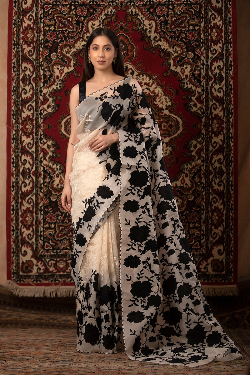 Black White Applique Organza Silk Saree