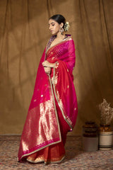 Reddish Pink Shaded Banarasi Organza Silk Saree