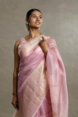 Baby Pink Organza Silk Saree with Gold Zari Stripes