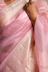 Baby Pink Organza Silk Saree with Gold Zari Stripes