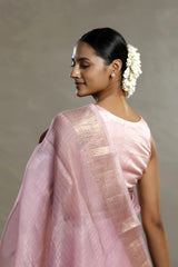 Baby Pink Organza Silk Saree with Gold Zari Stripes