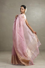 Baby Pink Organza Silk Saree with Gold Zari Stripes