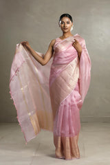 Baby Pink Organza Silk Saree with Gold Zari Stripes