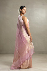 Baby Pink Organza Silk Saree with Gold Zari Stripes