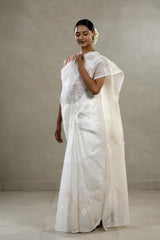Pearl White Organza Silk Saree with Floral Appliqué Work