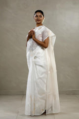 Pearl White Organza Silk Saree with Floral Appliqué Work