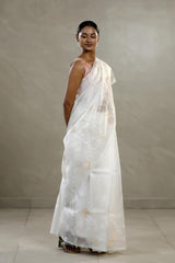 Pearl White Organza Silk Saree with Floral Appliqué Work