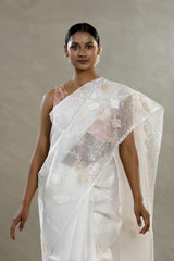 Pearl White Organza Silk Saree with Floral Appliqué Work