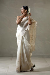 Off White Organza Silk Saree with Applique Scalloped Border