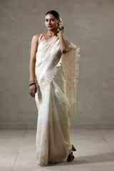 Off White Organza Silk Saree with Applique Scalloped Border