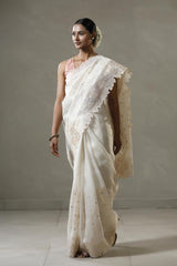 Off White Organza Silk Saree with Applique Scalloped Border