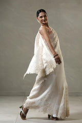 Off White Organza Silk Saree with Applique Scalloped Border