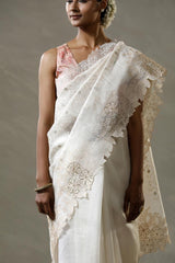 Off White Organza Silk Saree with Applique Scalloped Border