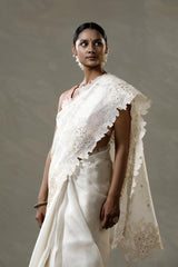 Off White Organza Silk Saree with Applique Scalloped Border