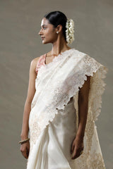 Off White Organza Silk Saree with Applique Scalloped Border