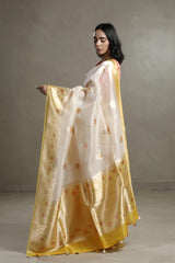 Off white and Yellow Organza Silk Saree with Handbrush Floral Work