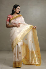 yellow saree, beige saree, organza saree, Bollywood saree, Banarasi saree, party wear saree, Wedding Saree