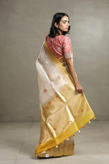 Off white and Yellow Organza Silk Saree with Handbrush Floral Work