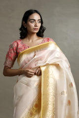 Off white and Yellow Organza Silk Saree with Handbrush Floral Work