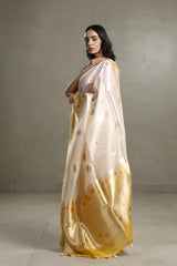Off white and Yellow Organza Silk Saree with Handbrush Floral Work