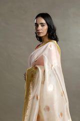Off white and Yellow Organza Silk Saree with Handbrush Floral Work