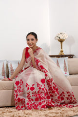 White and Red Organza Silk Saree with Applique & Cutwork