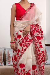 White and Red Organza Silk Saree with Applique & Cutwork