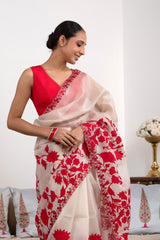 White and Red Organza Silk Saree with Applique & Cutwork