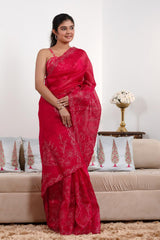 Red Organza Silk Saree with Floral Aari Handwork